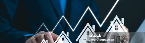 Real Estate Investment and Market Growth Concept. Analyzes real estate market growth trends. Graph show rising house price, interest rate, property mortgage, loan home, and investment opportunities.